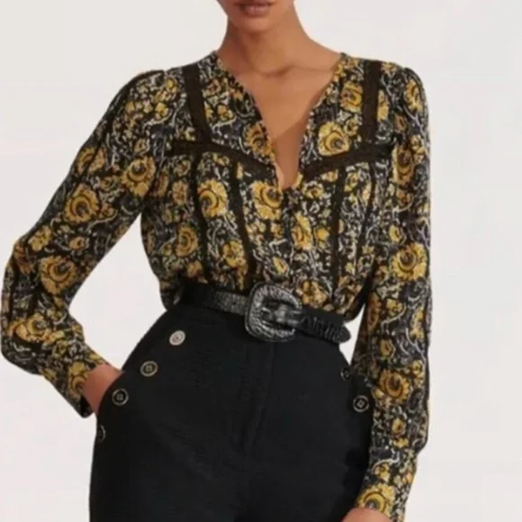 VERONICA BEARD Tarry Printed Lace-inset Blouse In White Multi Size 8 MSRP $495 - Picture 1 of 6